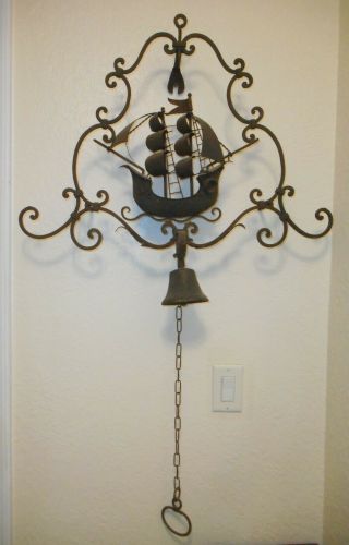 UNIQUE,  ANTIQUE WROUGHT IRON 3D NAUTICAL SHIP,  PULL CHAIN DOOR/ENTRY BELL 12