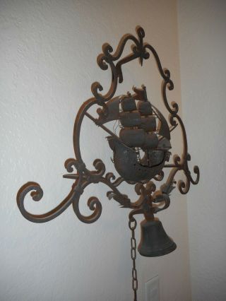 UNIQUE,  ANTIQUE WROUGHT IRON 3D NAUTICAL SHIP,  PULL CHAIN DOOR/ENTRY BELL 3