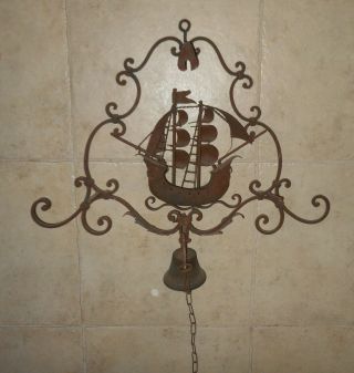 UNIQUE,  ANTIQUE WROUGHT IRON 3D NAUTICAL SHIP,  PULL CHAIN DOOR/ENTRY BELL 9