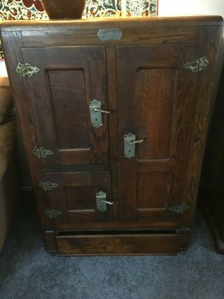 Antique Solid Wood Oak Ice Box / Refrigerator - Leonard Cleanable Model