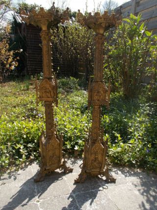 19th Century Gothic Revival Gilt Bronze Altar Candlesticks