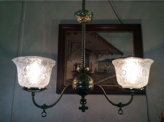 Antique Gas Chandelier Converted To Elec 1900 Brass 2 Lg Acid Etched Shades