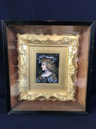 Antique Enamel On Metal Painting Plaque Medieval Maiden Lady Gilt Frame