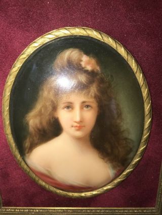 Antique KPM Style Porcelain Painting Plaque Lady Woman Gilt Metal Frame 2