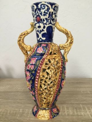 Antique Rare Vase Candle Holder Fischer J Budapest Reticulated Gilded Flowers