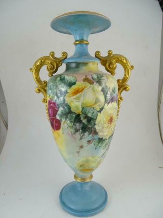 Antique American Belleek Porcelain Table Vase 17 " Tall Hand Painted Rose Vintage