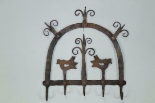 Great 19th C Pa German Wrought Iron Double Bird Decorated Hanging Utensil Rack