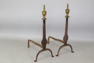 Great 18th C Wrought Iron Knife Blade Type Andirons With Brass Finials