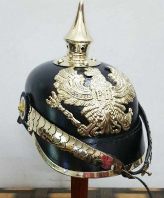 Brass Leather German Helmet With Wooden Stand Picklehaube Wearable Helmet