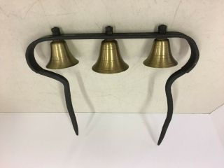 Vintage Antique Brass Sleigh Bells Blacksmith Iron Bracket Farm Primitive Jingle