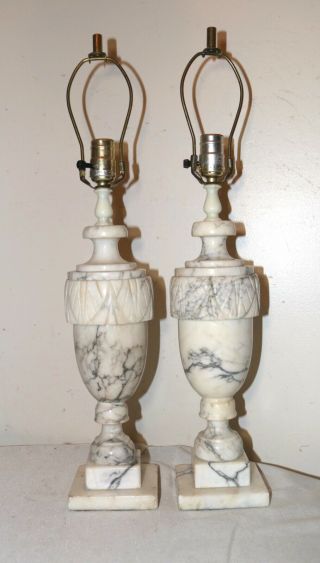 Vintage Carved White Solid Alabaster Marble Brass Electric Table Lamps