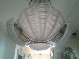 Rare 1930s Art Deco Brass Frosted 5 Glass Odeon Clam Shell Ceiling Light