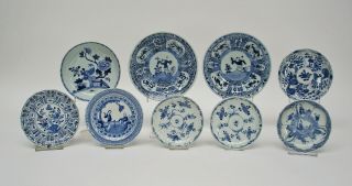 9 Chinese Blue & White Export Porcelain Saucers 18 - 19th Century Kangxi Qianlong
