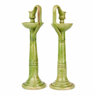 PAIR GREEN ARTS & CRAFTS POTTERY CANDLESTICKS C.  1900 2