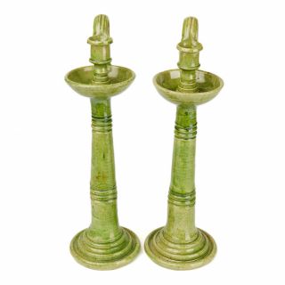 PAIR GREEN ARTS & CRAFTS POTTERY CANDLESTICKS C.  1900 3