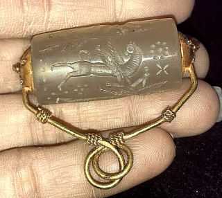 Ancient Roman Cylinder Seal 4wings God Pegasus Intaglio 22k Solid Gold Pendant