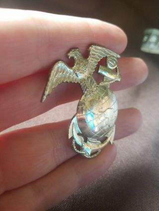 Vintage 1 3/4 In US Marine Corps Sterling Silver Eagle,  Globe,  Anchor Marked Pin 10