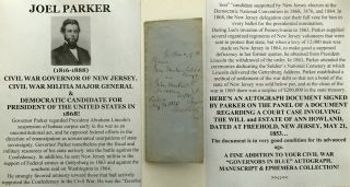 Civil War Governor Jersey General 1868 Cand President Parker Document Signed