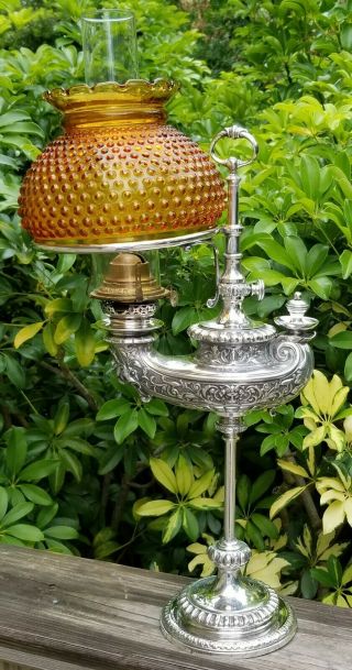Antique Tiffany & Co Silverplate Harvard Student Oil Lamp w/ Globe SCARCE 3