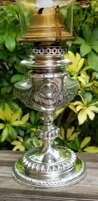 Antique Tiffany & Co Silverplate Harvard Student Oil Lamp w/ Globe SCARCE 4