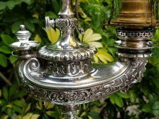 Antique Tiffany & Co Silverplate Harvard Student Oil Lamp w/ Globe SCARCE 5