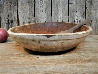 Best Early Antique Wooden Dough Bowl w/ Rim & Scoop Farmhouse AAFA 7