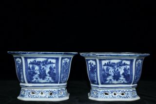 A Pair Chinese Blue And White Porcelain Landscape View Flower Pots
