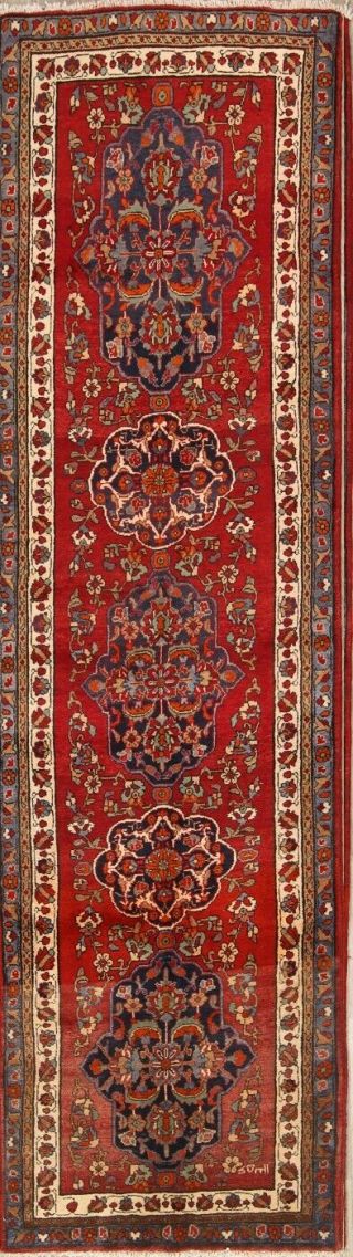 Vintage Geometric Red Wool Runner 4x13 Tabrez Persian Oriental Hand - Knotted Rug