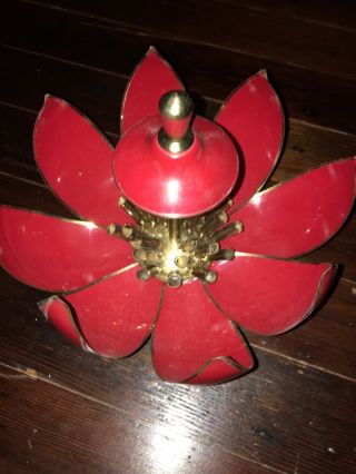Vintage Brass Lotus Flower Cigarette Dispenser Red Mid Century Art Deco 4