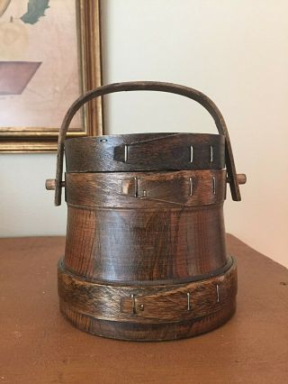 Small Vintage Primitive Wooden Firkin Sugar Bucket W/swing Handle & Lid 5 " H