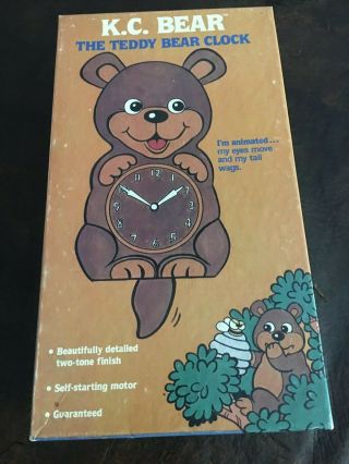 Vintage K.  C.  Teddy Bear Moving Eyes Novelty Clock - Org Box 2