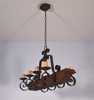 Vintage French Wrought Iron & Oak Castle Chandelier Hanging Lamp