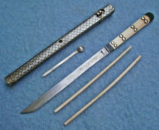 Antique Chinese Qing Dynasty Trousse Eating Set Knife Asian Chopsticks Old Sword