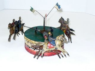 Gunthermann Tin Hand - Painted,  Wind Up 6 - Horse - Race Articulated Carousel