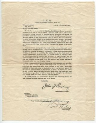 John J.  Pershing Preprinted Letter Given Out To Soldiers In 1919 As A Thank You
