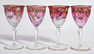 Set 4 Antique Venetian Glass Wine Goblets - Enameled Pink Roses & Gold Tracery