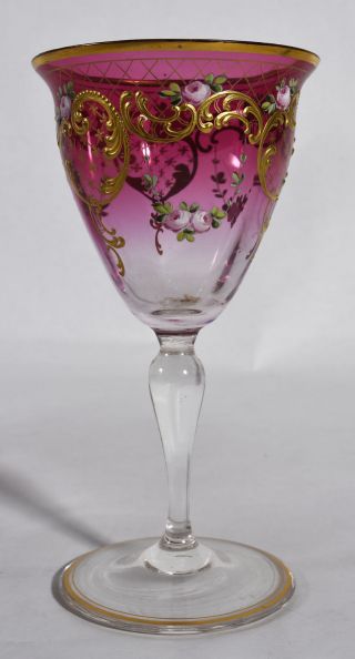 Set 4 Antique Venetian Glass Wine Goblets - Enameled Pink Roses & Gold Tracery 2