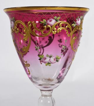 Set 4 Antique Venetian Glass Wine Goblets - Enameled Pink Roses & Gold Tracery 3