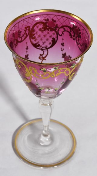 Set 4 Antique Venetian Glass Wine Goblets - Enameled Pink Roses & Gold Tracery 4