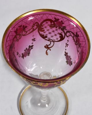 Set 4 Antique Venetian Glass Wine Goblets - Enameled Pink Roses & Gold Tracery 5