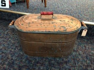 Rare Antique Vintage Copper Boiler w/Lid Wash Tub Wood Handles Stunning 5