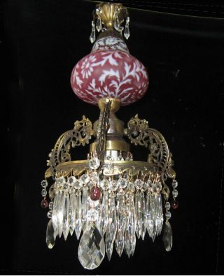 Antique Bronze Chandelier Cranberry Fenton Daisy Fern Vintage Brass Lamp Crystal