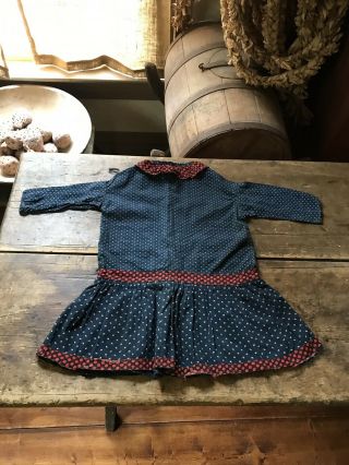 Best Large Early Antique Handmade Girls Blue & Red Calico Dress Textile Aafa