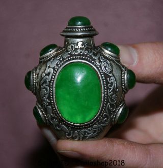 2 " Marked Old Dynasty Palace Silver Inlay Green Jade Gem Snuff Box Snuff Bottle