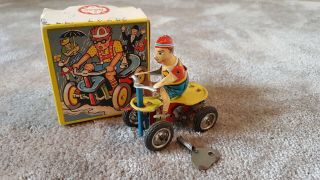 - Rare - Wind Up Tin Toy " Tricycle " (4wheel) Göso / Goeso / Götz & Son - - Box