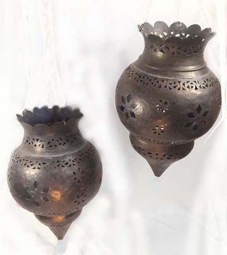 2 Gorgeous Vintage Moroccan Handcrafted Pierced Brass/metal Hanging Lanterns