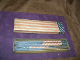 13 Civil War Era Patriotic Flag Wrapped Slate Pencils With Box C1850 