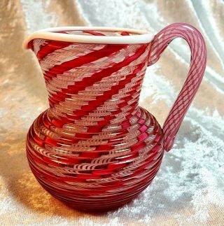 Hand Blown Antique Lutz Latticino Art Glass Creamer Pitcher