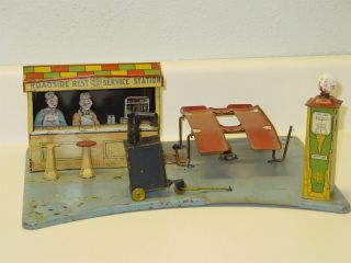Vintage 1930s Tin Litho Marx Roadside Rest Service Station,  Tin Toy,  Gas,  Oil