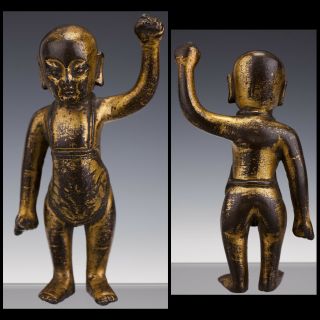 Great Massive Chinese Gilt - Bronze Standing Boy Buddha - 17th/18th C.  - 11cm -
